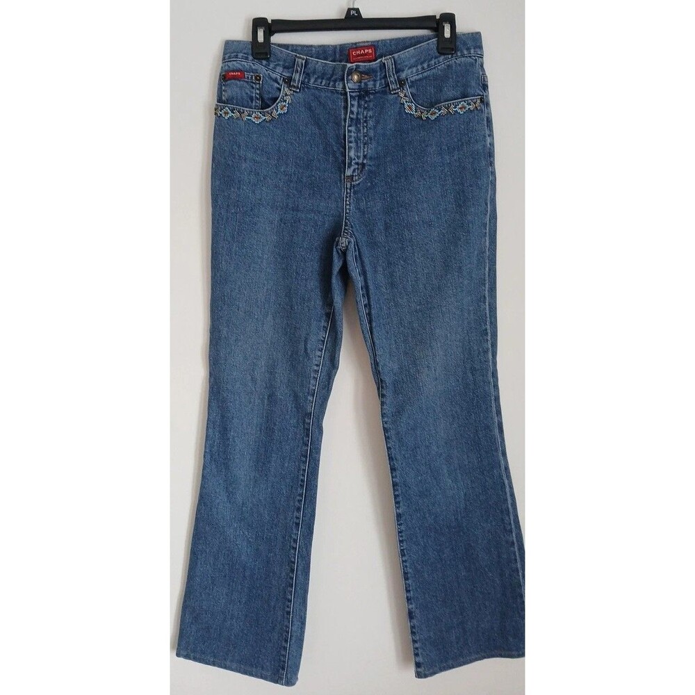 Chaps Women 6 Blue Denim Jeans Native American Beadwork Flared Leg Cotton